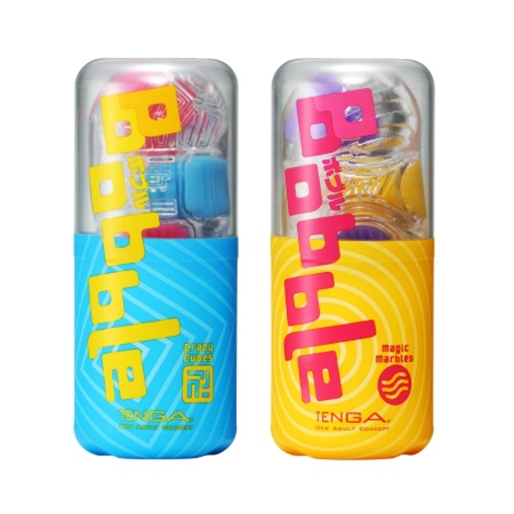 Two Tenga Bobble strokers, one blue with yellow text and one yellow with pink text.