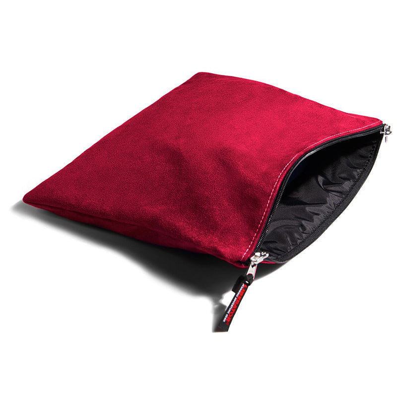 Cherry microsuede toy storage bag with a zipper closure.
