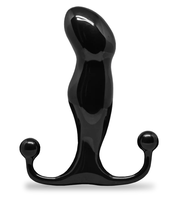 Black Aneros Progasm prostate massager with a hands-free pivoting design.