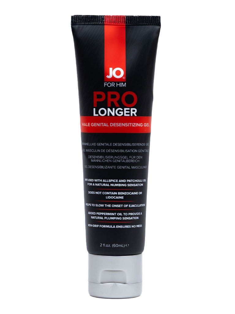 JO Prolonger Gel, a male genital desensitizing gel in a black tube.