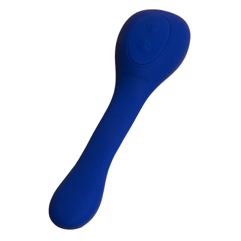 Blue dual stimulation waterproof silicone vibrator with two buttons.