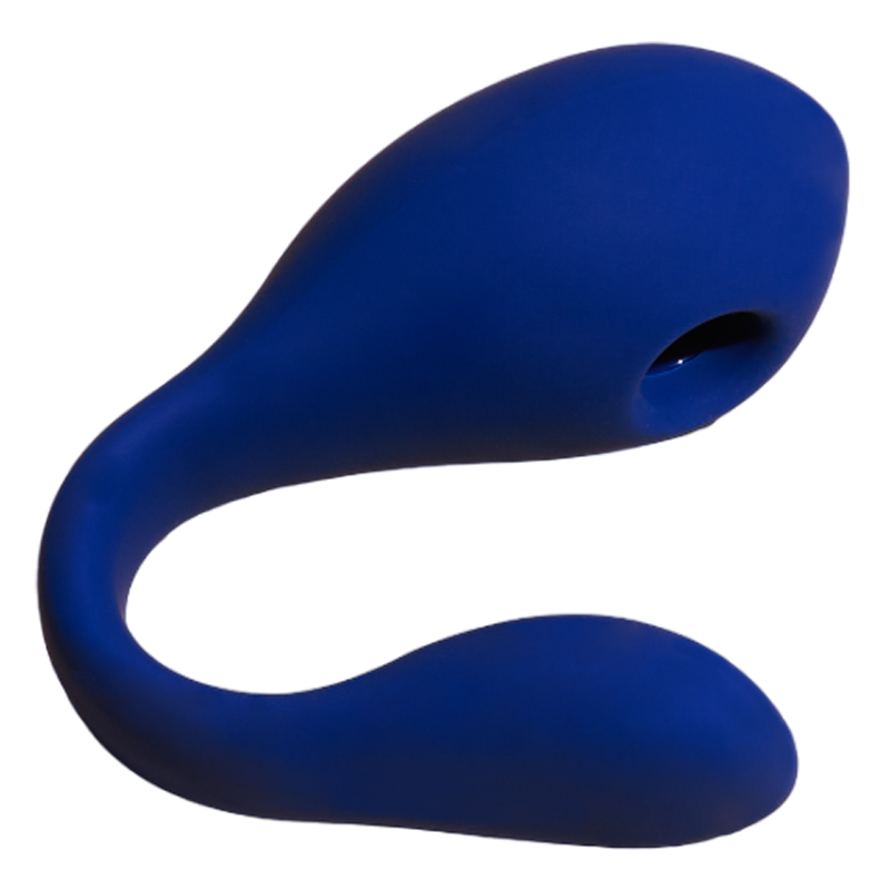 Blue dual stimulation waterproof silicone vibrator with a curved shape.
