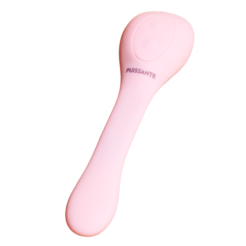 Pink dual stimulation vibrator with "PUISSANTE" text.