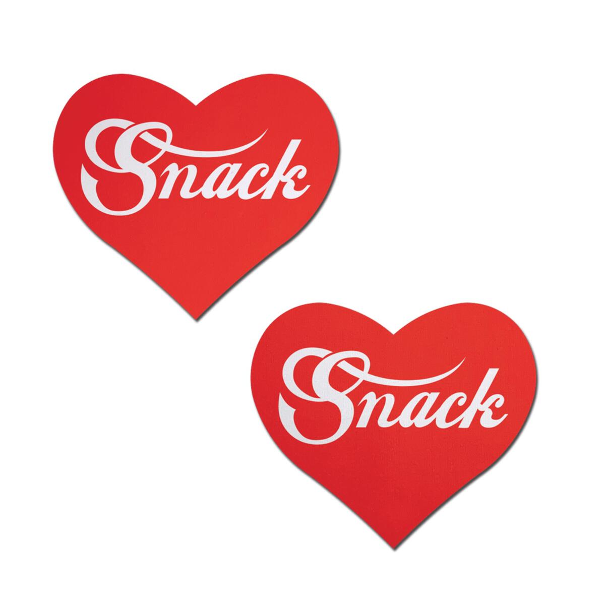 Two red heart-shaped nipple pasties with the word "Snack" in white script.