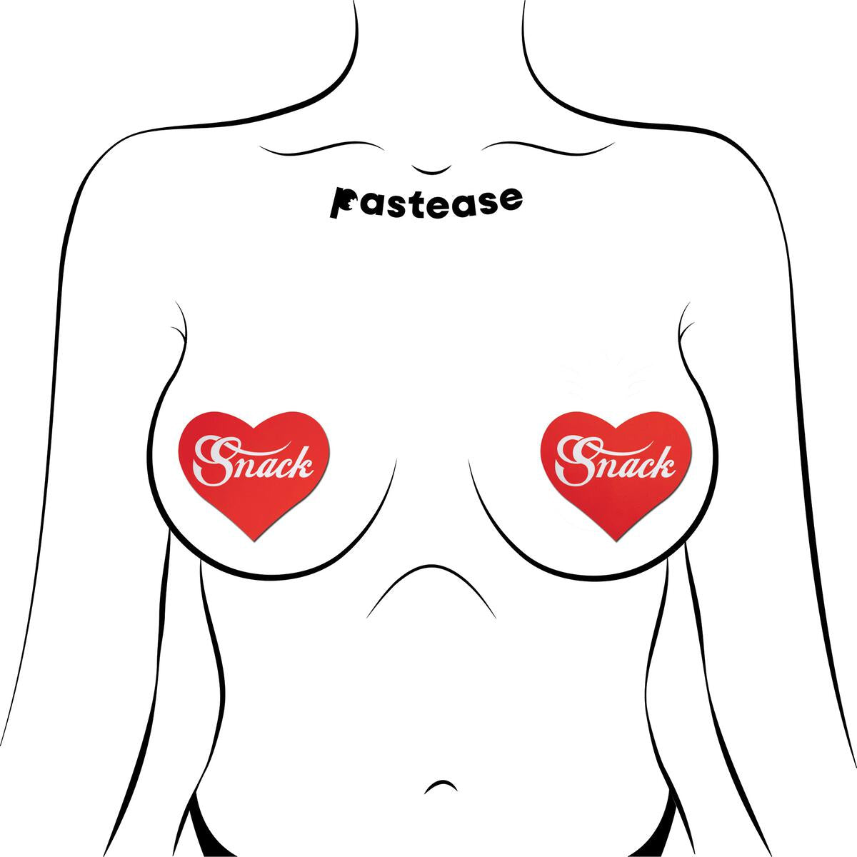 Red heart nipple pasties with "Snack" text.