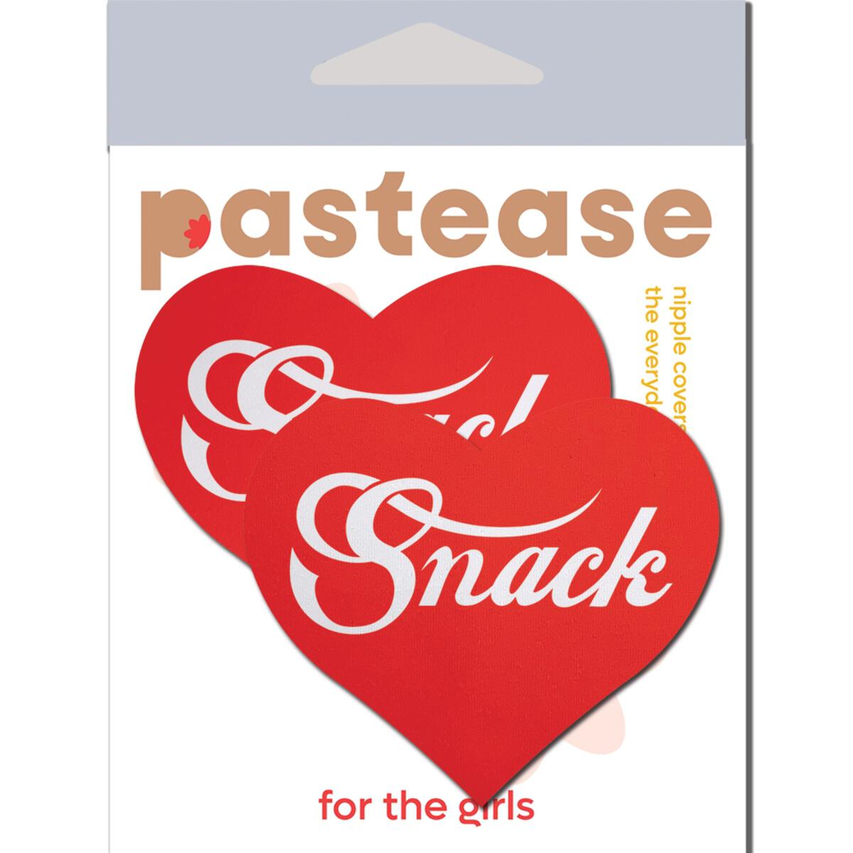 Red heart nipple pasties with "Snack" text.