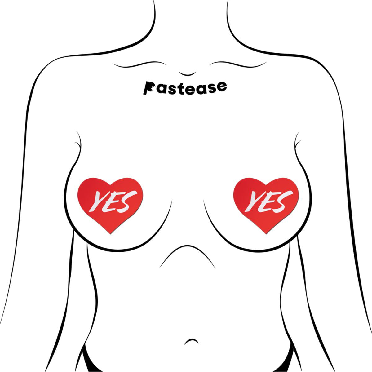 Red heart nipple pasties with "Yes" affirmation.
