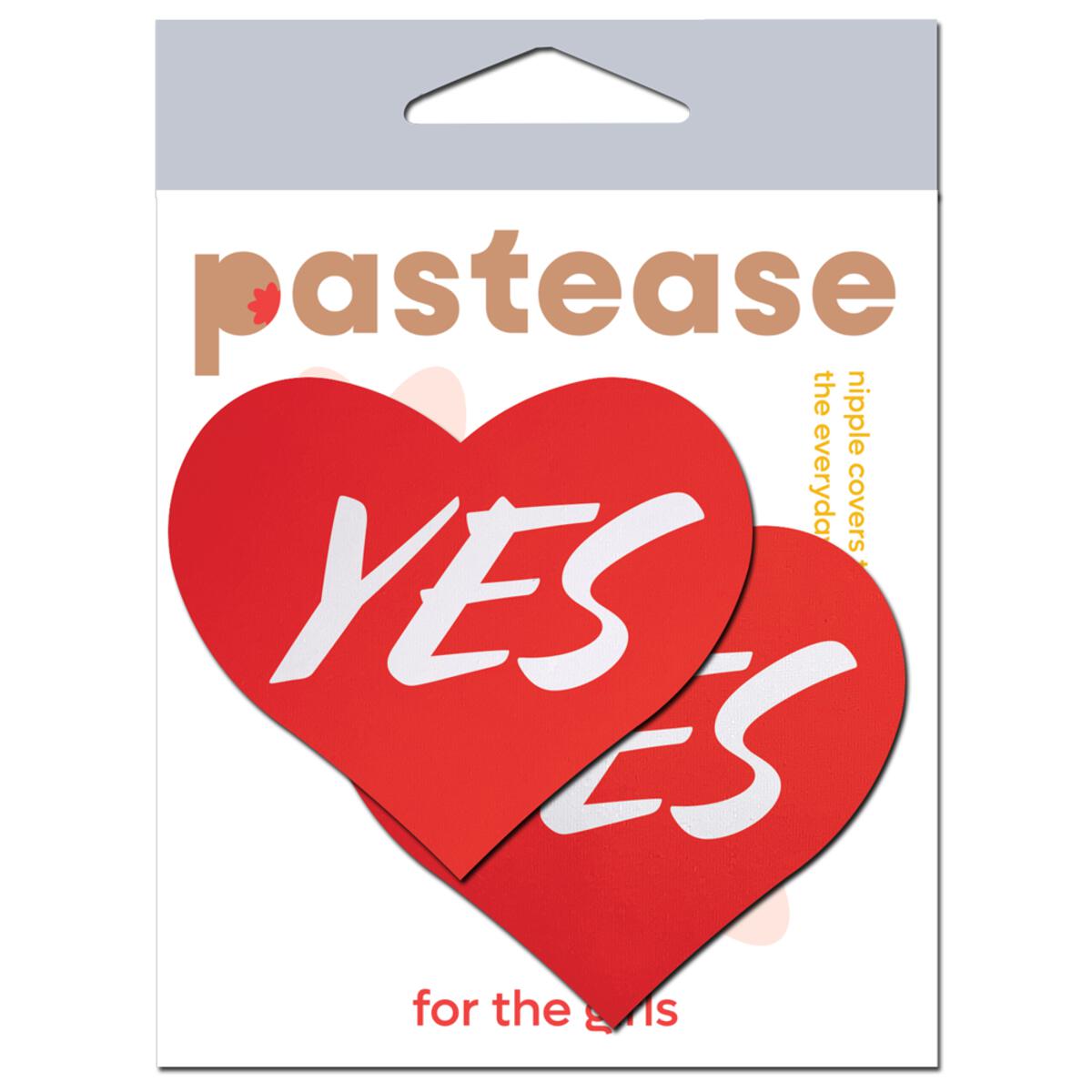 Red heart-shaped nipple pasties with the word "Yes" in white.