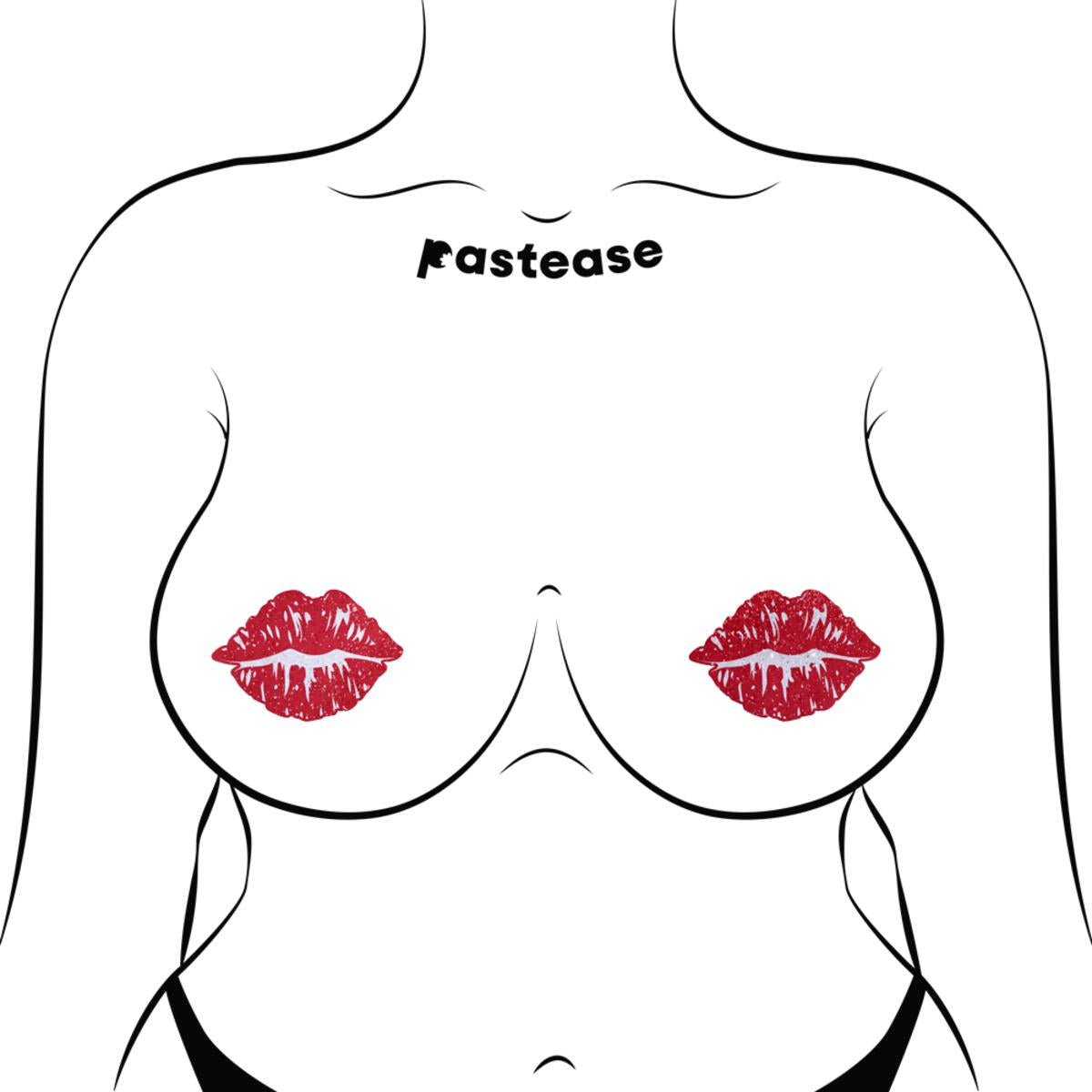 Sparkly red kissing lips nipple pasties with "Pastease" text.