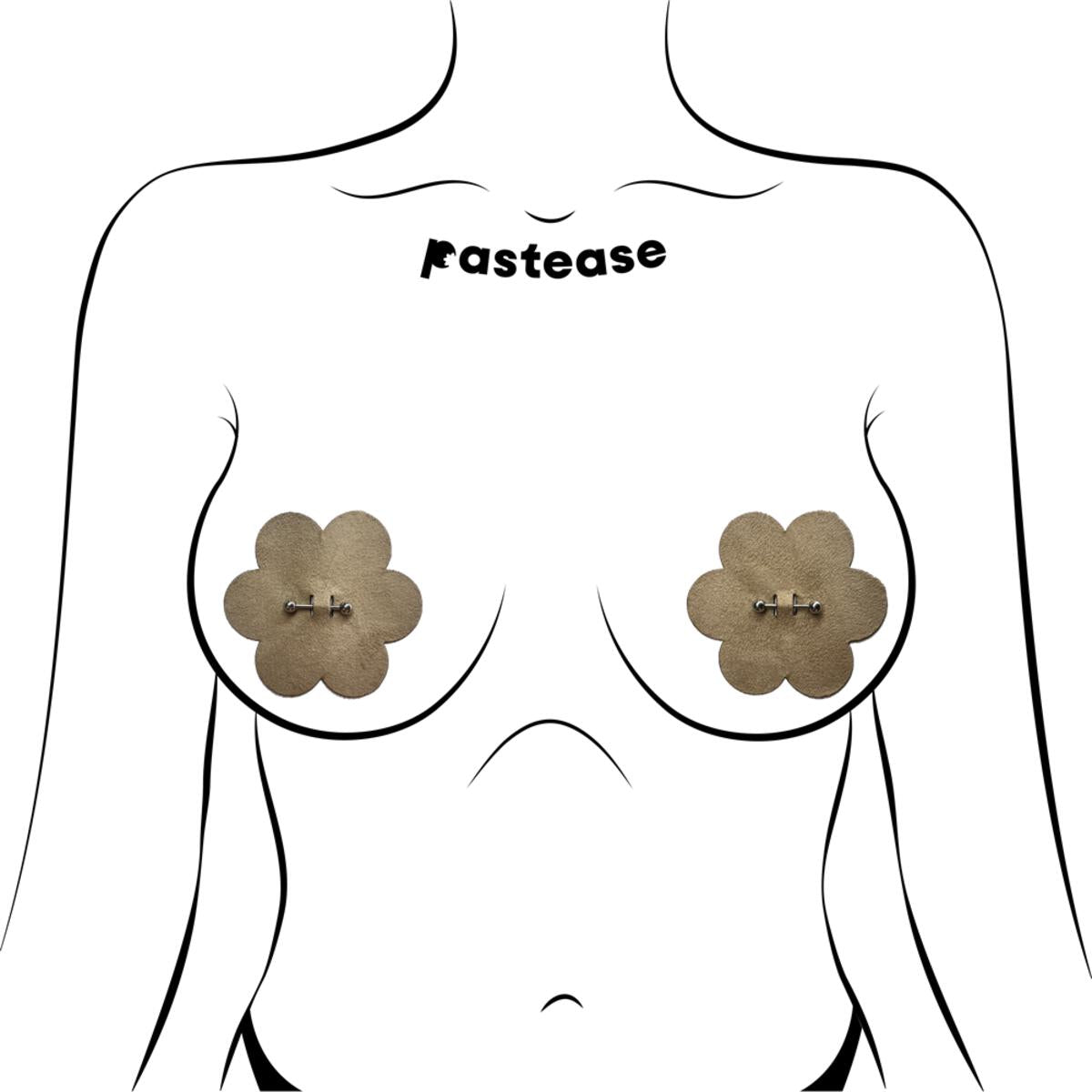 Light nude vegan suede pasties with attached barbells.