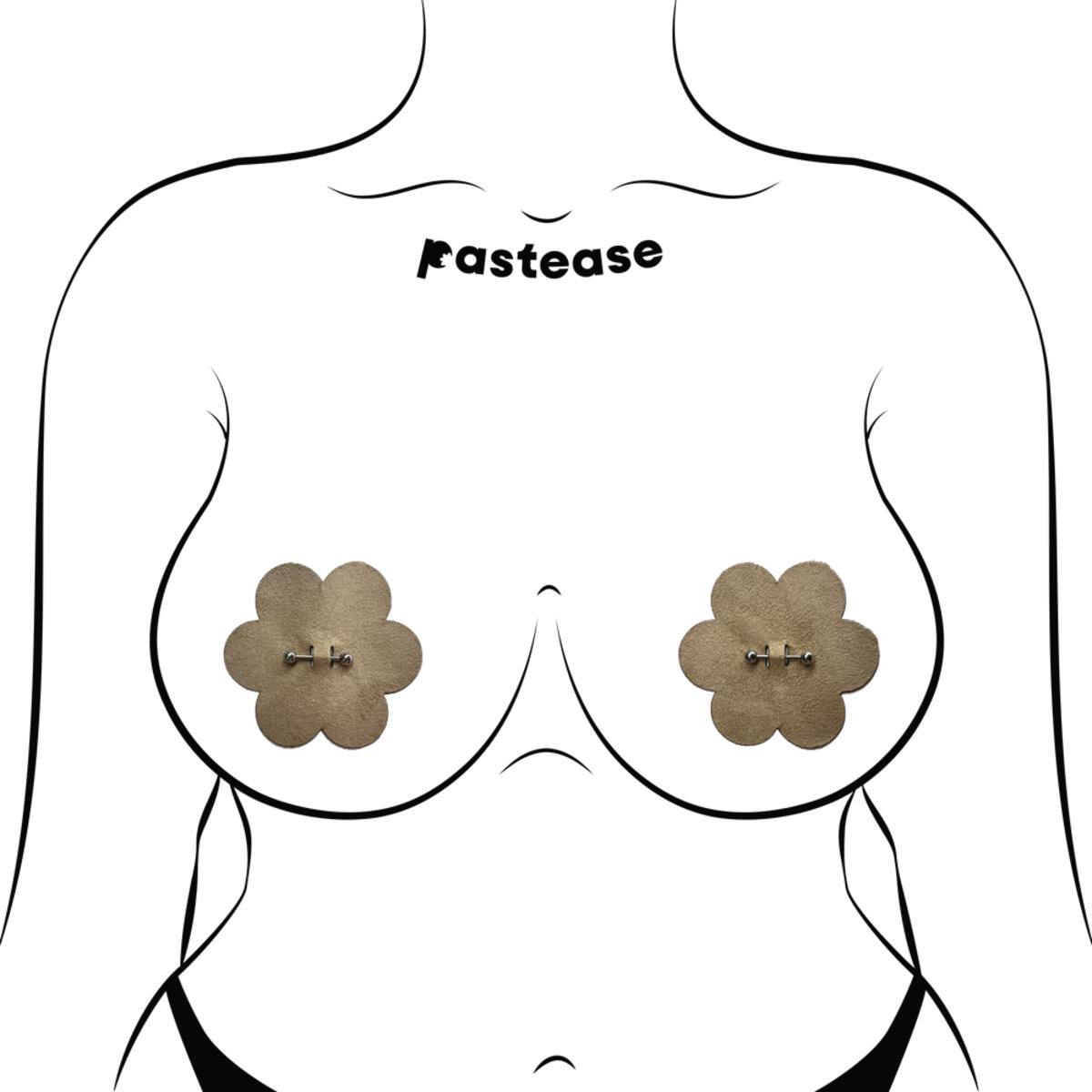 Light nude vegan suede nipple pasties with attached barbell.
