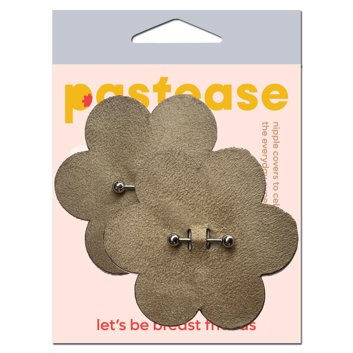 Light nude vegan suede nipple pasties with attached barbell.