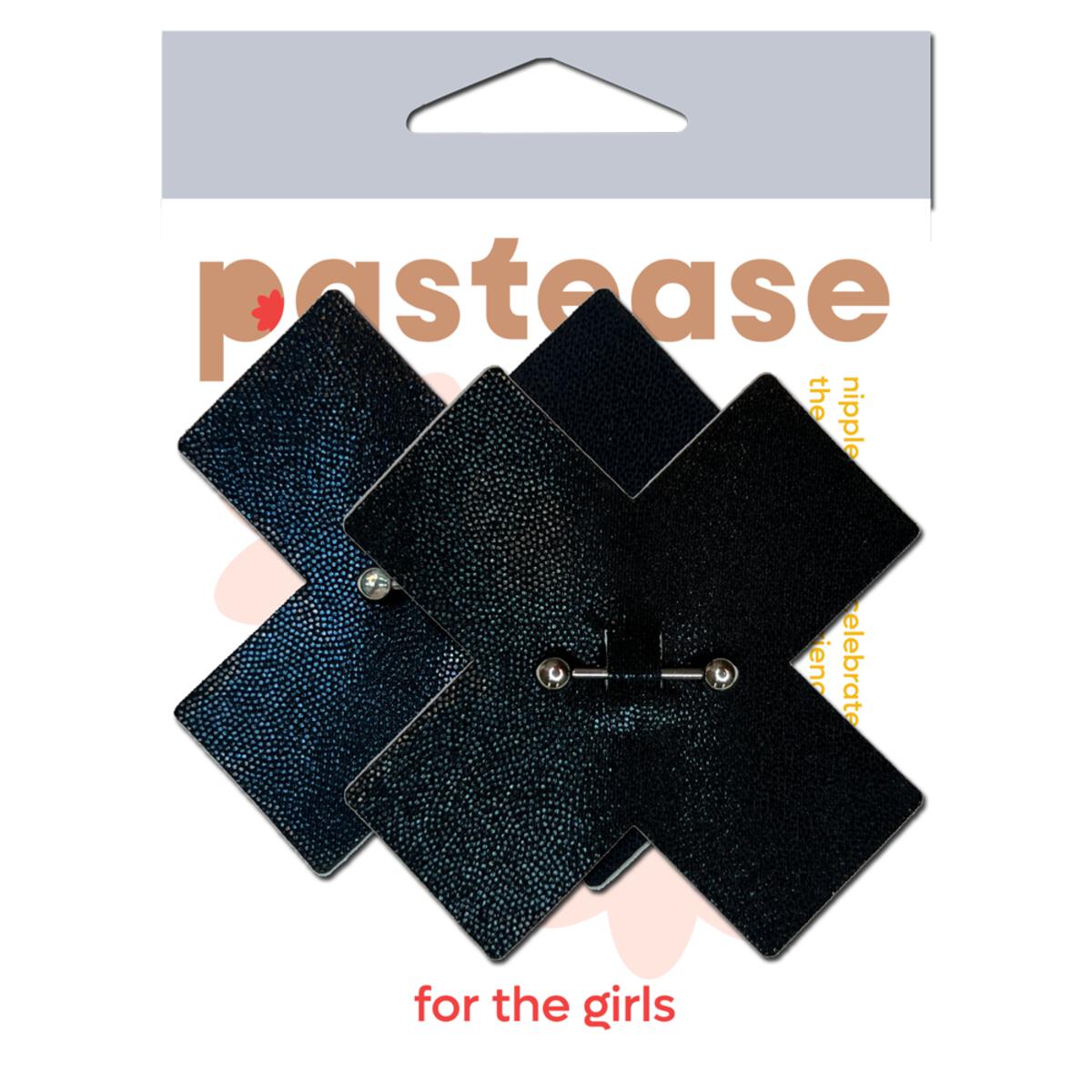 Black cross pasties with a pierced barbell detail.