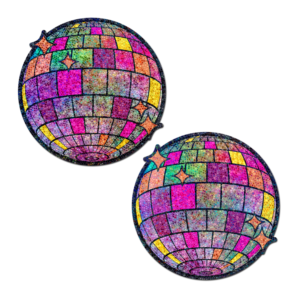 Two shimmering disco ball pasties with star accents on a black background.