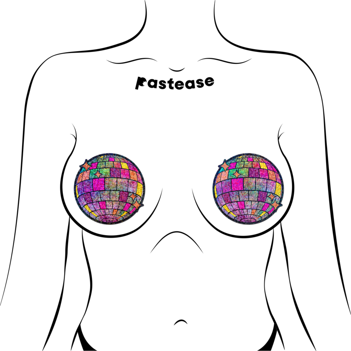 Two disco ball nipple pasties with shimmering squares and star accents.