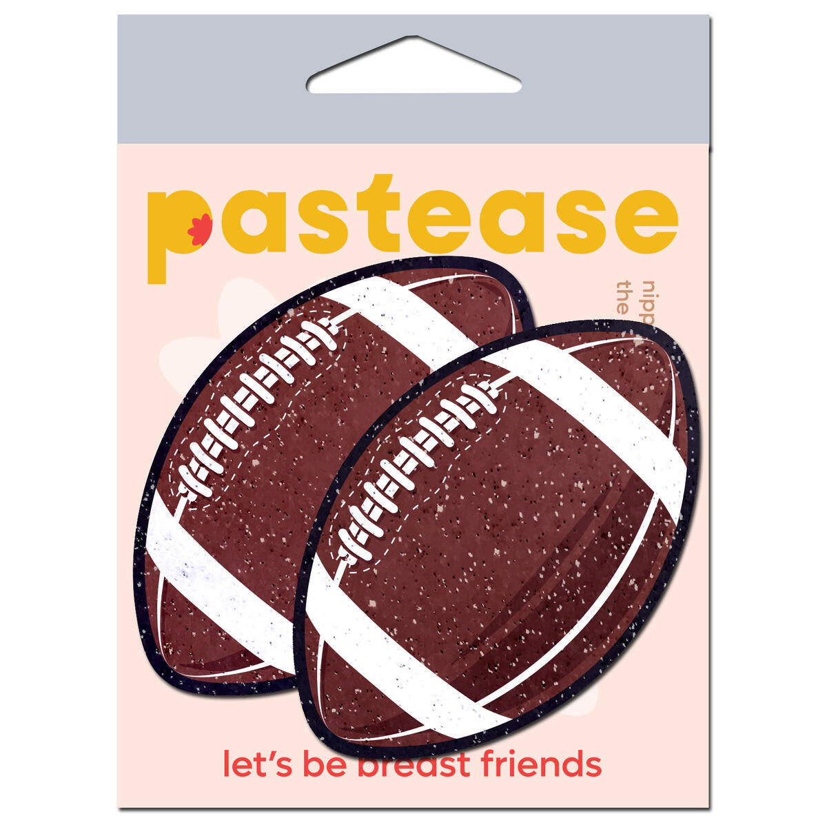 Sparkly velvet football nipple pasties with "let's be breast friends" text.