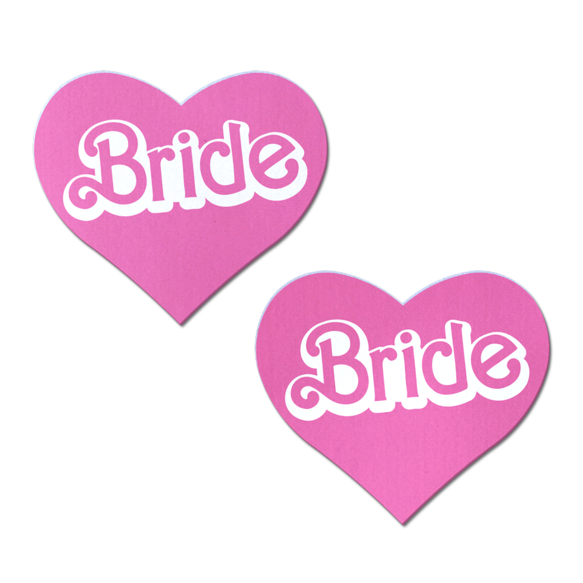 Two pink heart-shaped nipple pasties with "Bride" written in white.