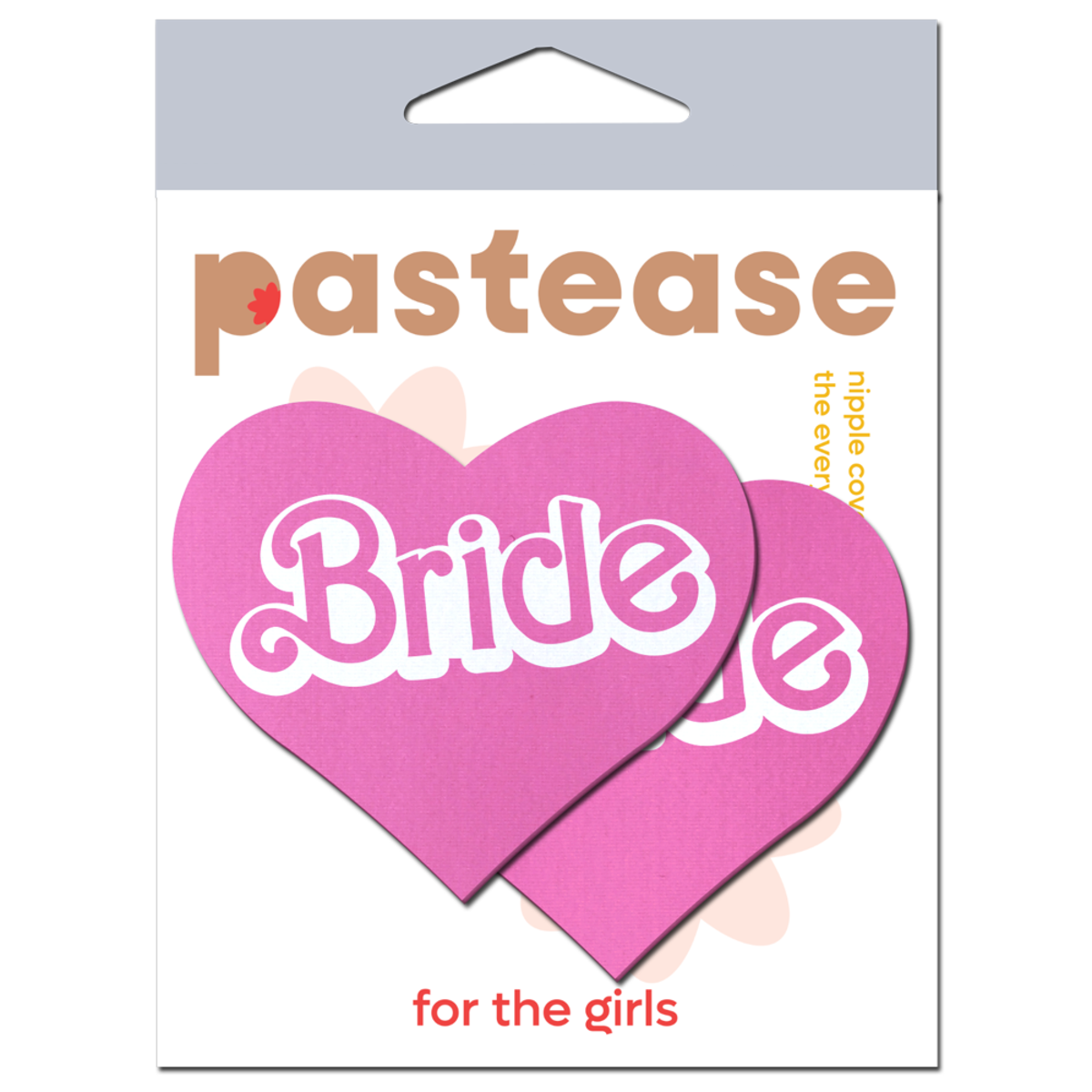 Pink heart-shaped "Bride" nipple pasties with "Pastease" branding.