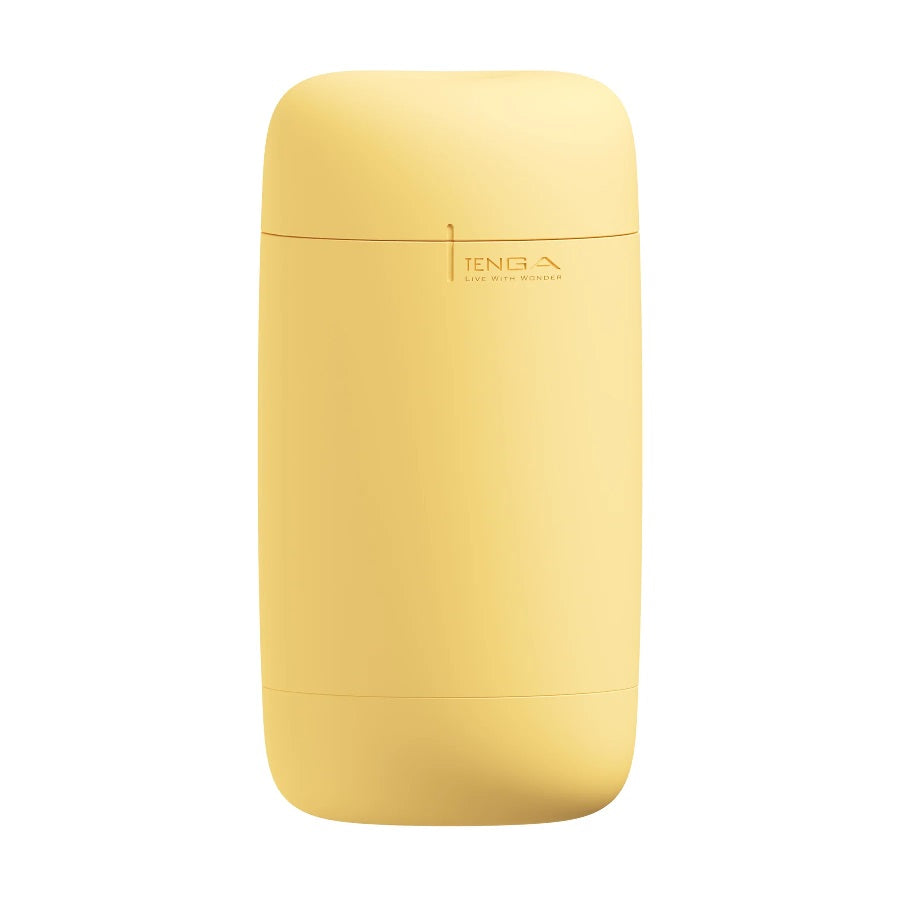 A yellow Tenga Puffy Custard stroker with soft spiral ribs.