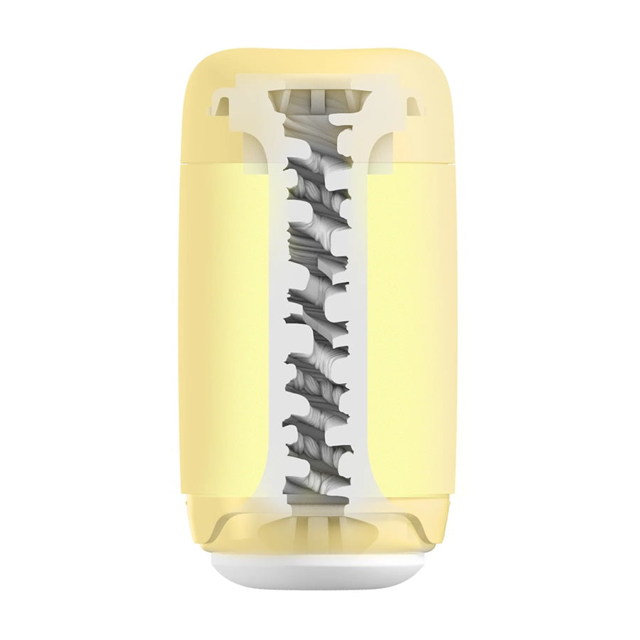 A yellow Tenga stroker with a soft spiral ribbed interior.