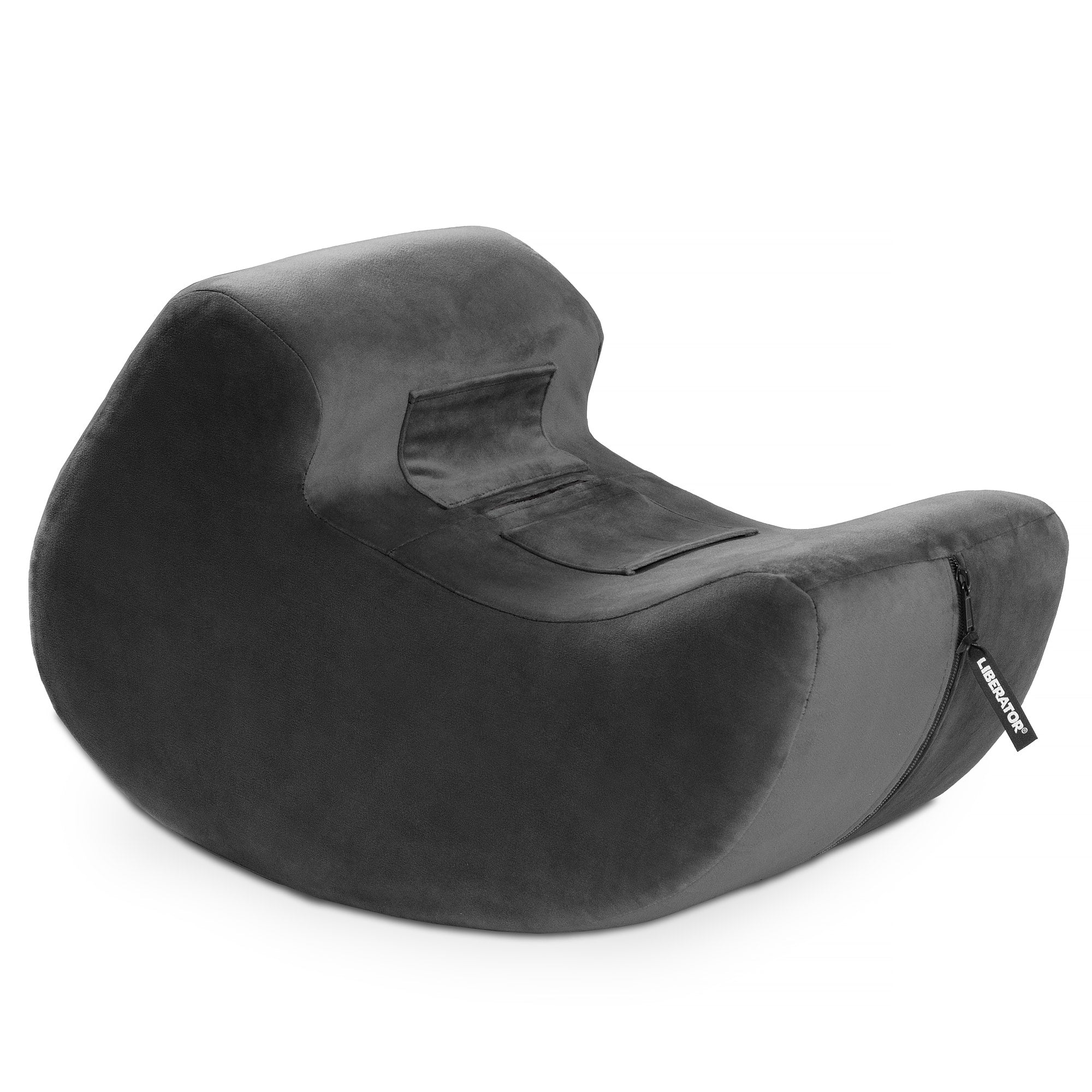 A black velvet sex toy mount with dual toy pockets and a rocking motion.