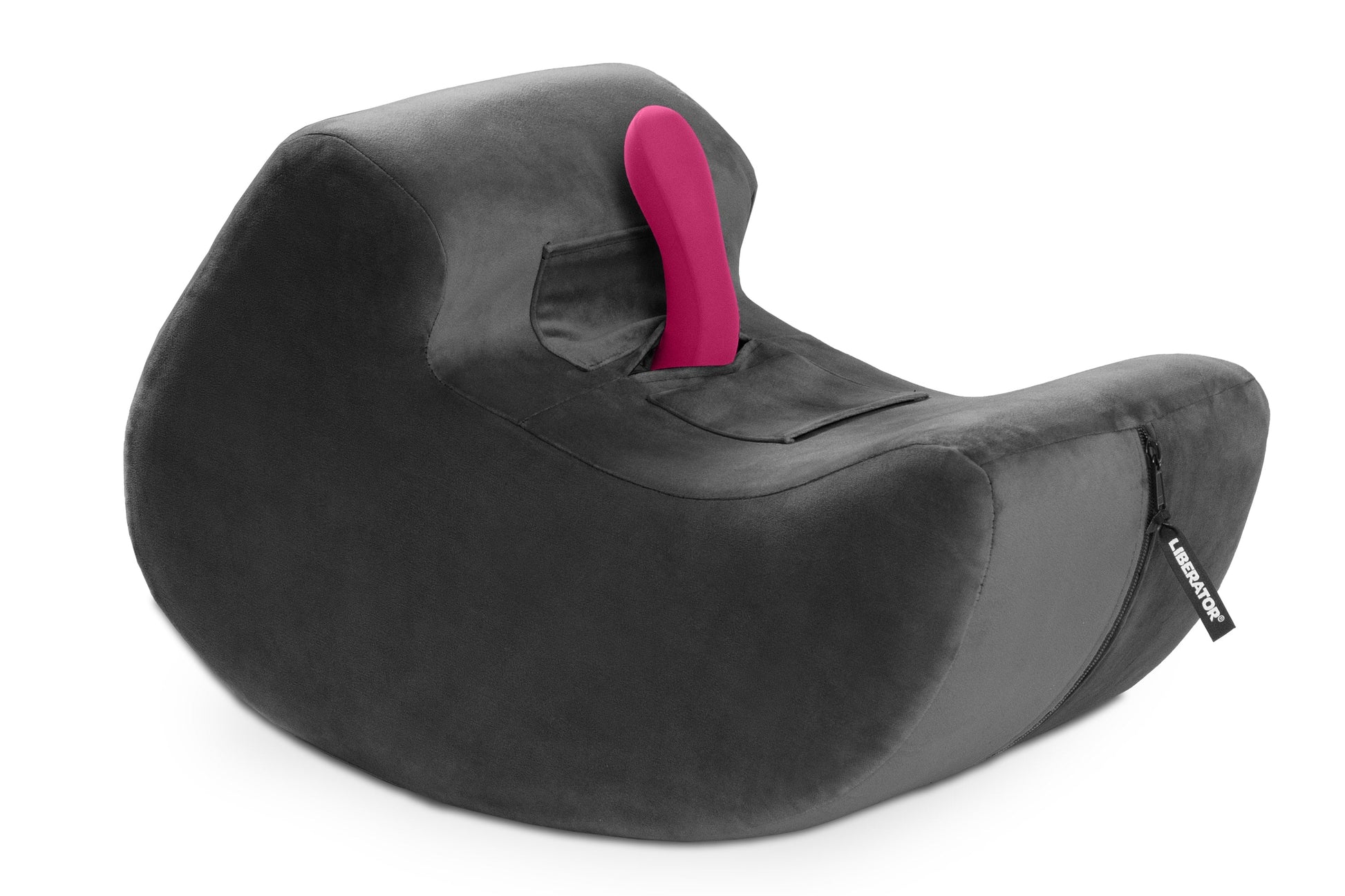 A black velvet sex toy mount with a pink vibrator in a pocket.