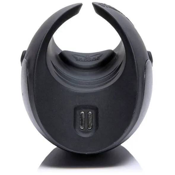 Black remote-controlled oscillating male massager with two buttons.