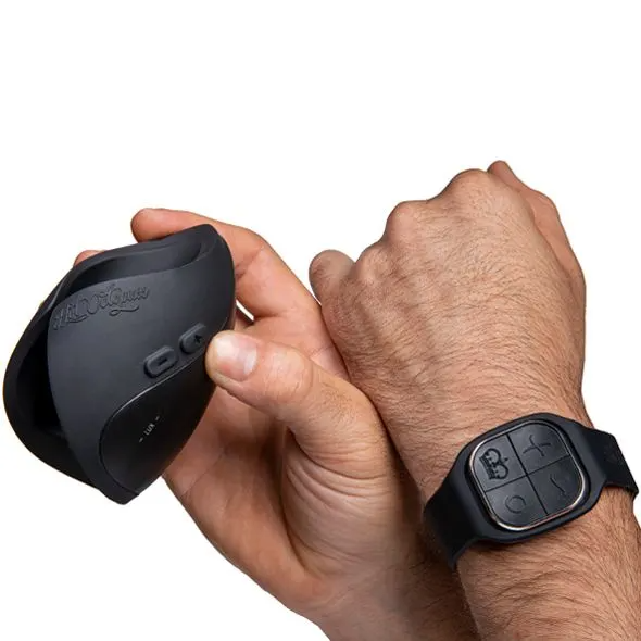 A black remote-controlled male massager with a wrist strap remote.