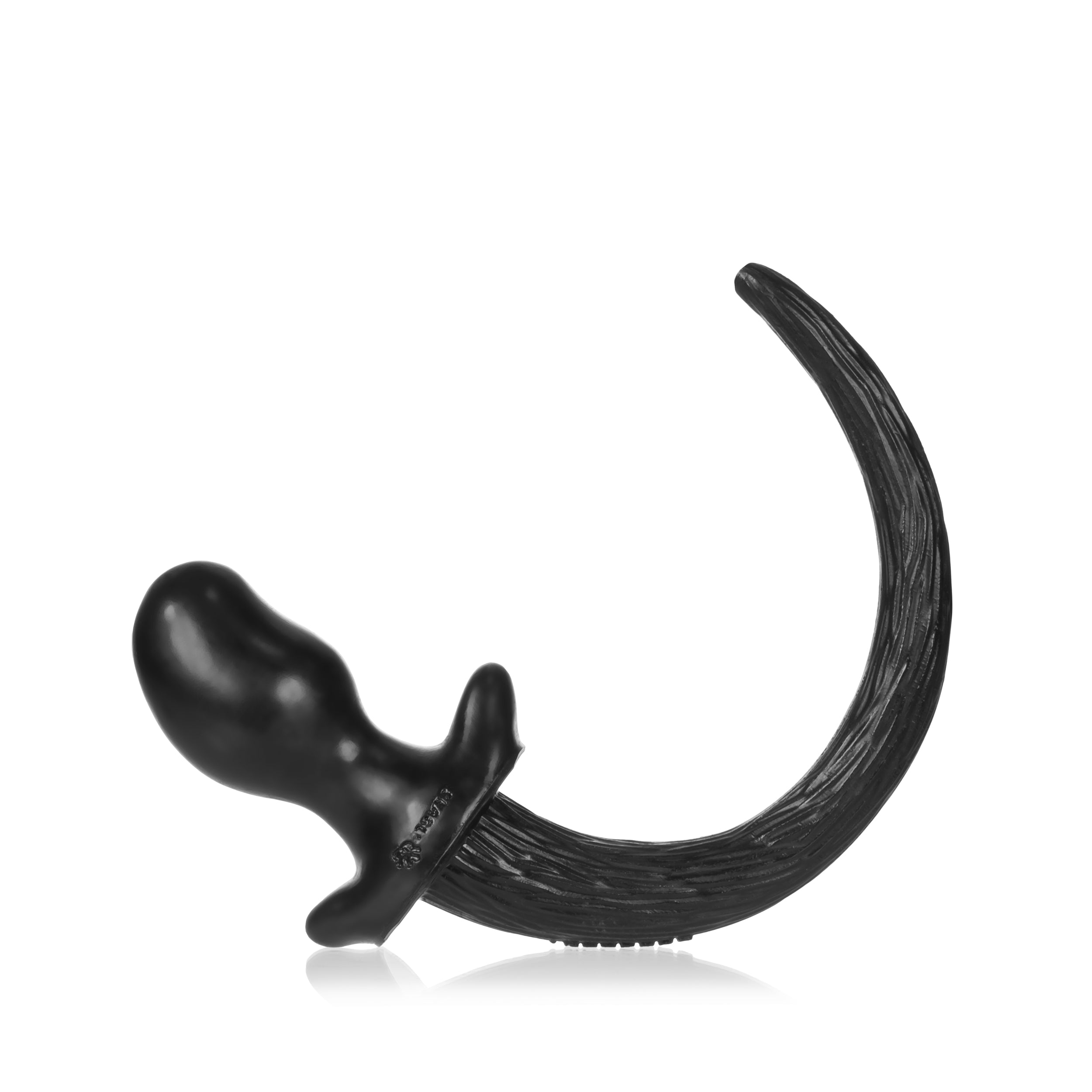Black silicone anal plug with a textured tail.