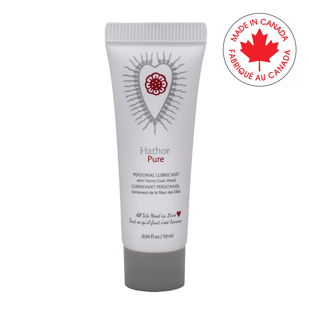 Hathor Pure water-based lubricant in a white tube with a red heart design.