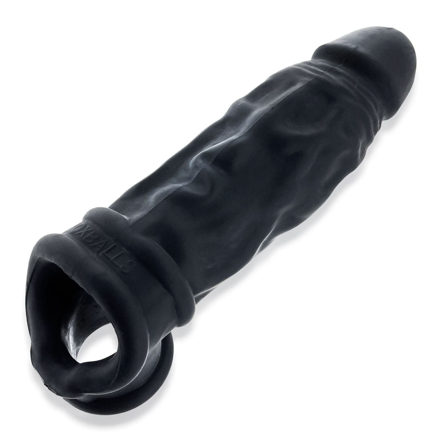 Black silicone cocksheath with cock sling and textured veins.