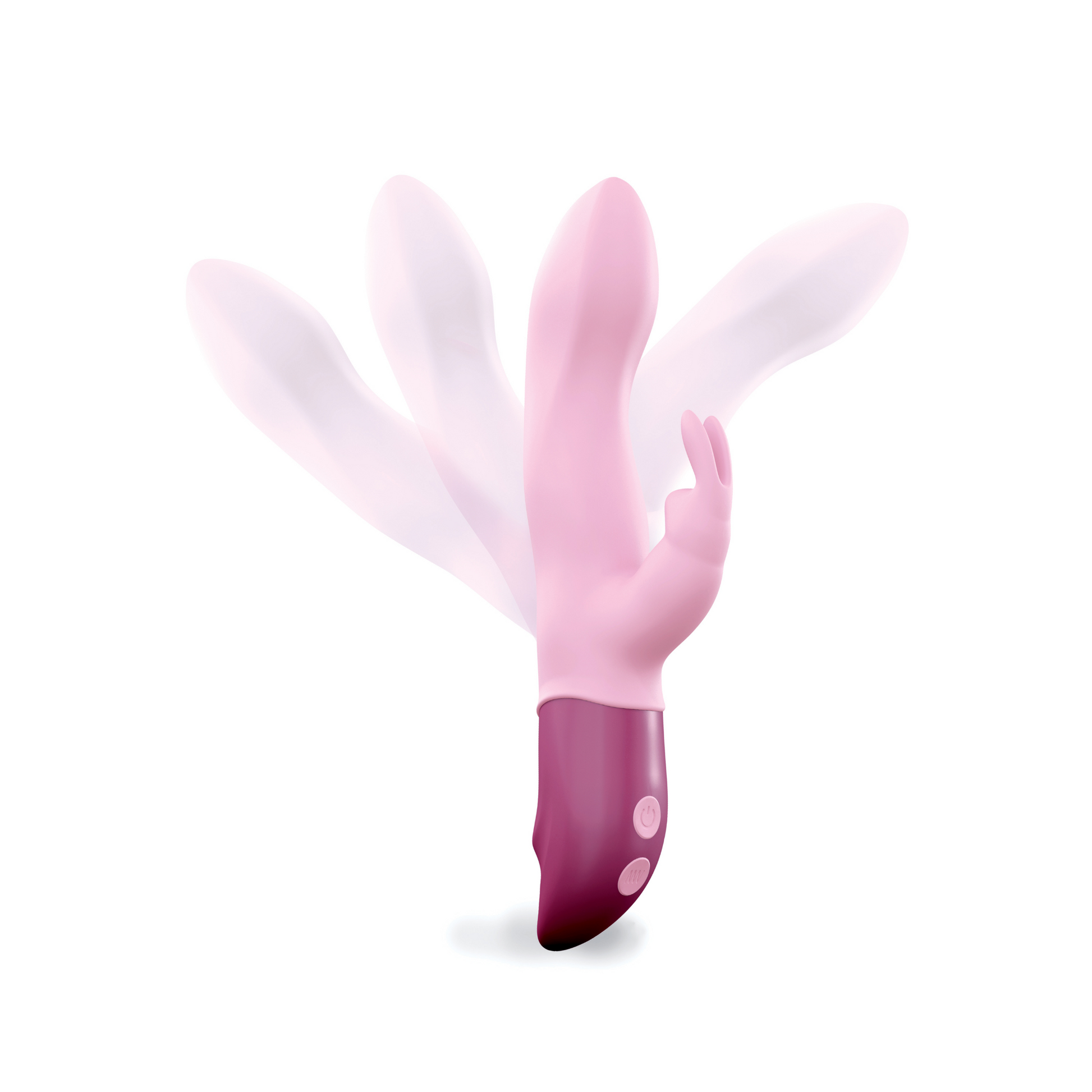 Pink rechargeable vibrator with dual stimulation and multiple vibration settings.