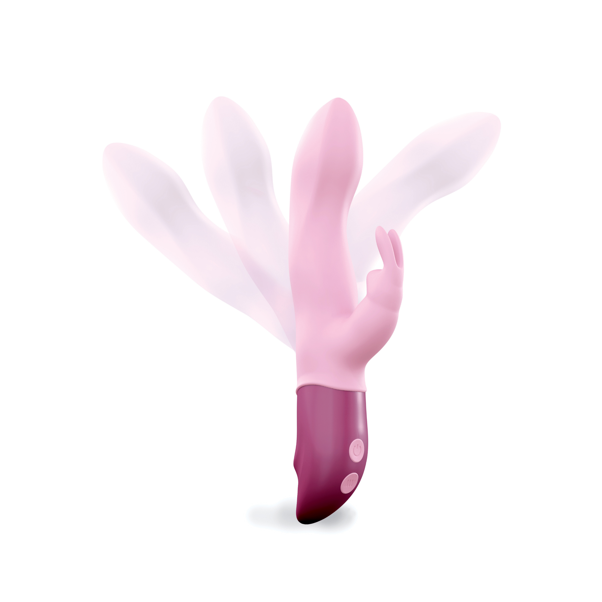 Pink rechargeable vibrator with dual stimulation and multiple vibration settings.