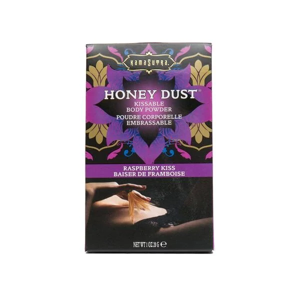 Kama Sutra Honey Dust Kissable Body Powder in Raspberry Kiss with a feather applicator.