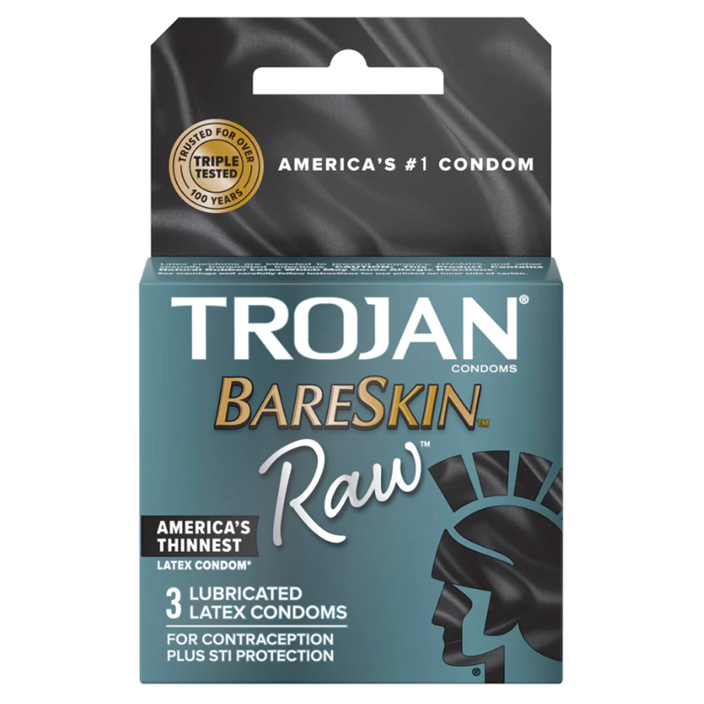 Trojan Bareskin Raw ultra thin lubricated latex condoms, 3-pack.