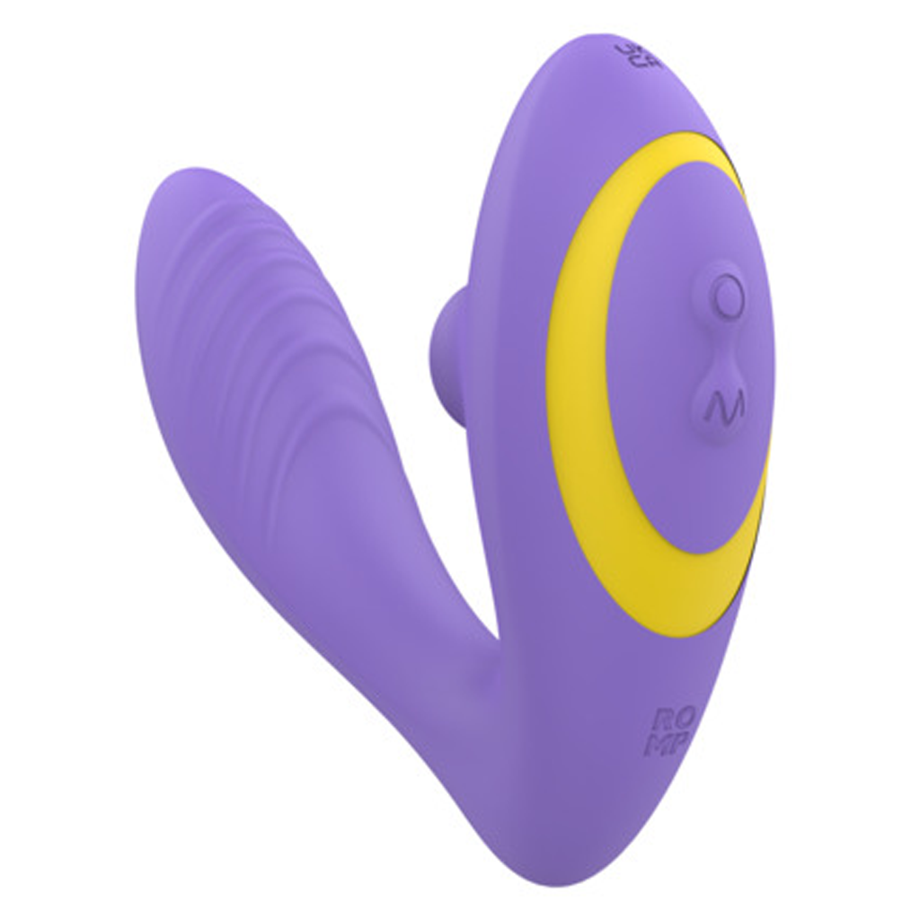 Purple rabbit vibrator with yellow accent and textured shaft.