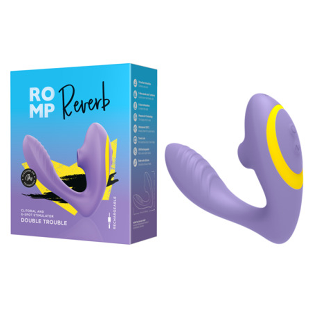 Purple dual stimulator vibrator with yellow accent and ribbed texture.
