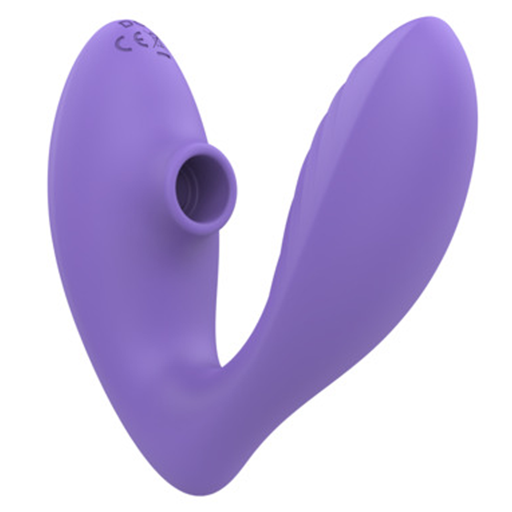 Purple rabbit vibrator with a suction opening and CE marking.