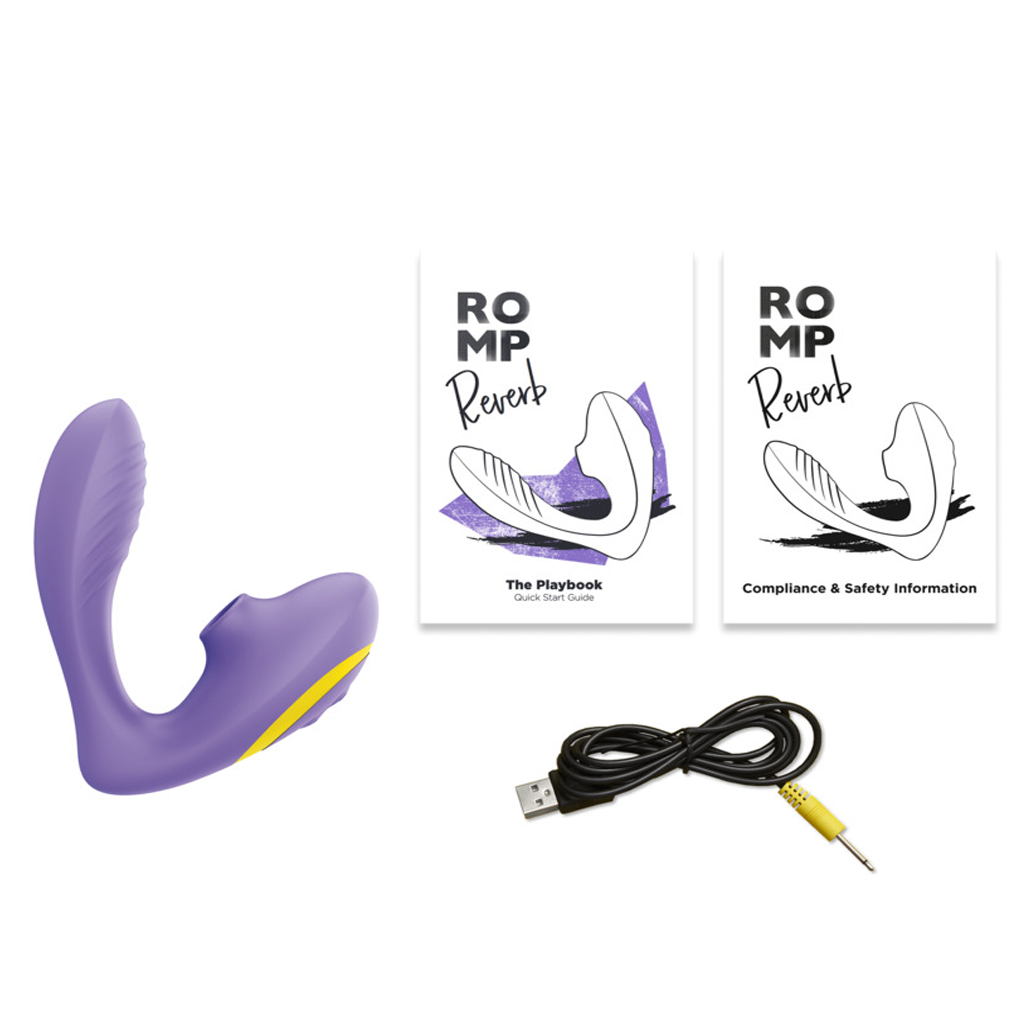 Purple rabbit vibrator with two instruction booklets and a USB charging cable.