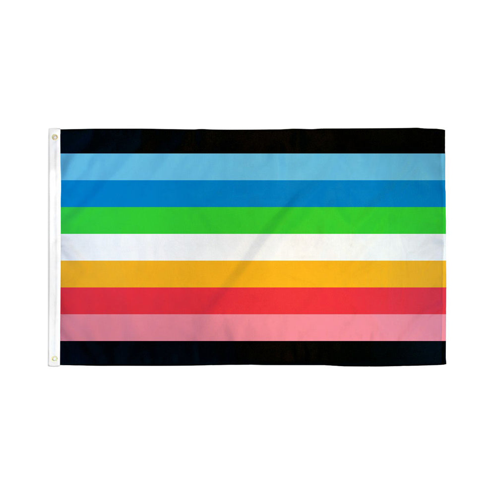 A horizontal striped queer pride flag with black, light blue, blue, green, white, yellow, red, pink, and black stripes.