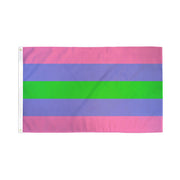 A trigender pride flag with horizontal stripes of pink, purple, green, purple, and pink.