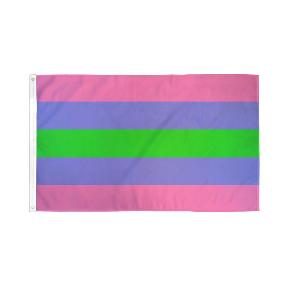 A trigender pride flag with horizontal stripes of pink, purple, green, purple, and pink.