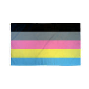 A polygender pride flag with horizontal stripes of black, gray, pink, yellow, and blue.