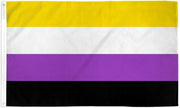 A non-binary pride flag with yellow, white, purple, and black horizontal stripes.