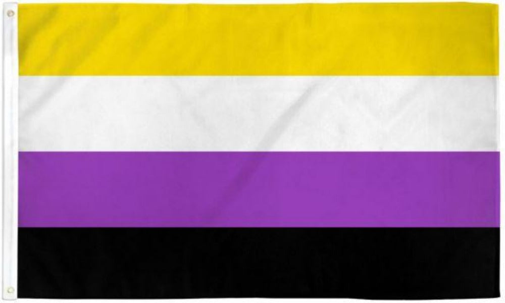A non-binary pride flag with yellow, white, purple, and black horizontal stripes.