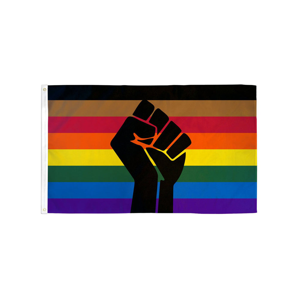 A black fist is superimposed on a flag with horizontal stripes of black, brown, red, orange, yellow, green, blue, and purple.