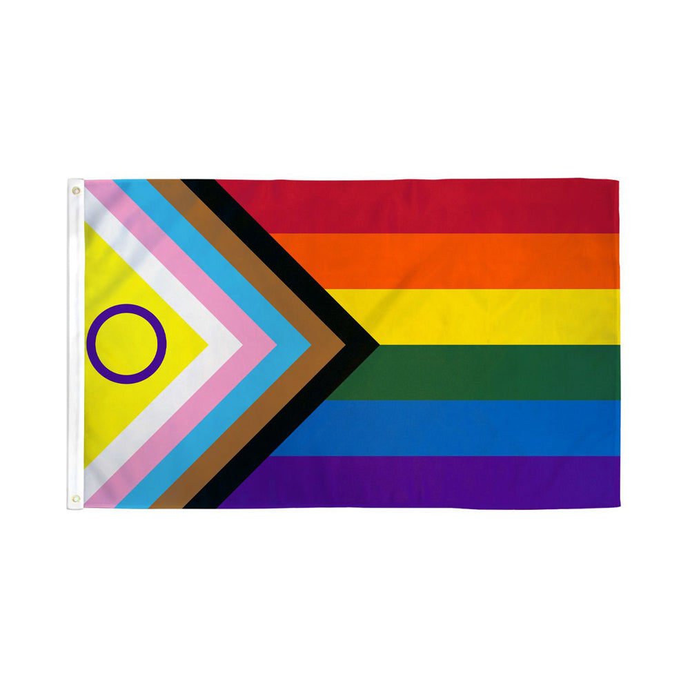 An inclusive pride flag with a rainbow stripe pattern and a chevron design.