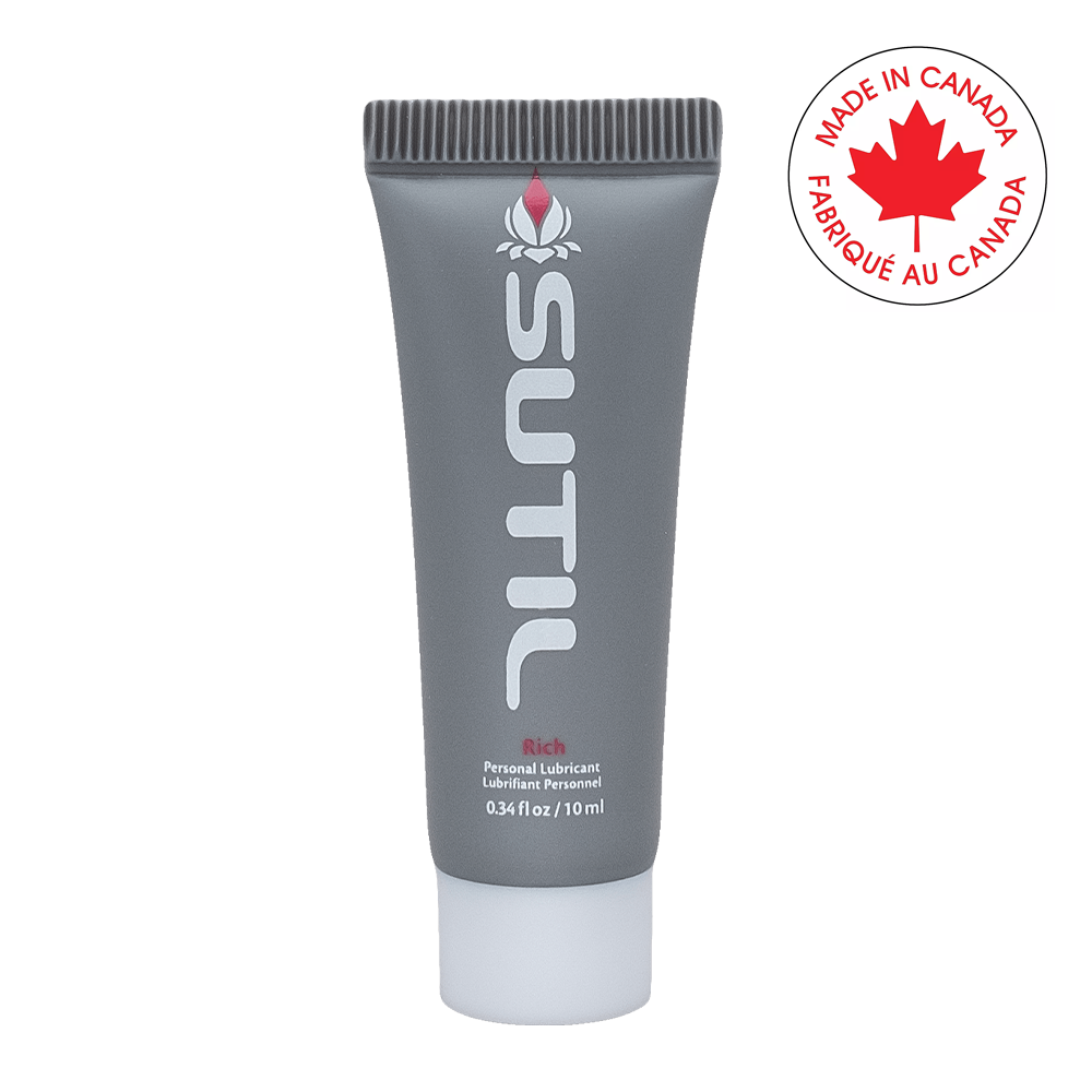 Sutil Rich personal lubricant sample tube with Made in Canada logo.