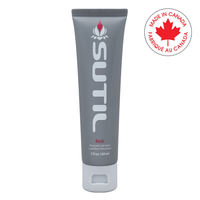 Sutil Rich thick water-based lubricant in a grey tube with a red maple leaf logo.