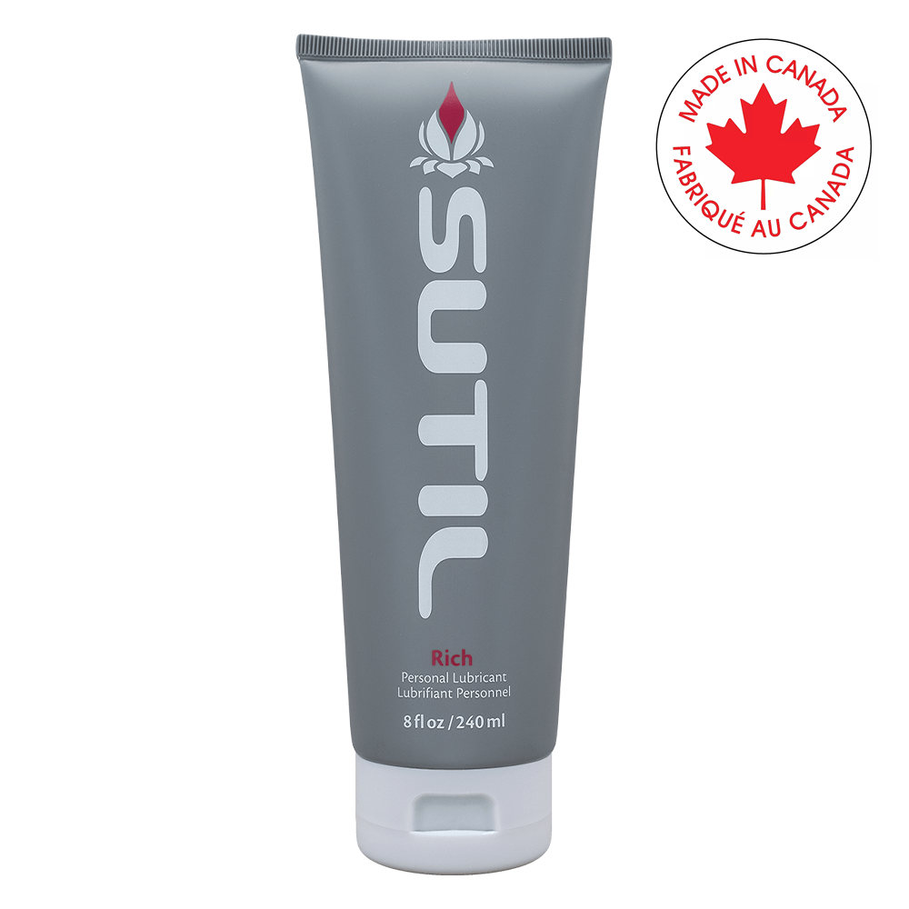 Sutil Rich thick water-based lubricant in a grey tube with a Canadian maple leaf logo.